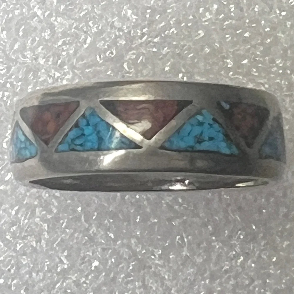 Vintage Turquoise Coral Ring Inlay Silver Plated AJ Southwestern‎ Sz8 3.2g READ